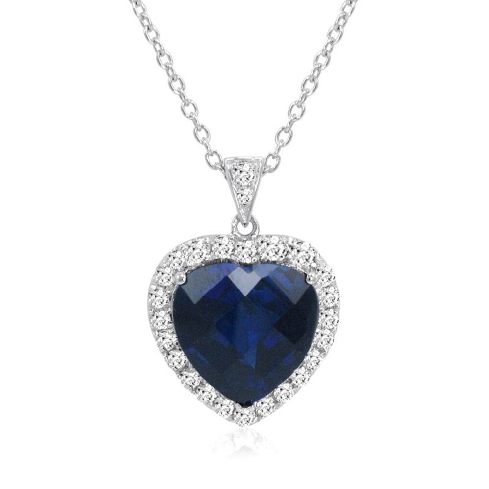 Created Sapphire Heart Of the Ocean Pendant Necklace 12ct TGW in Sterling Silver